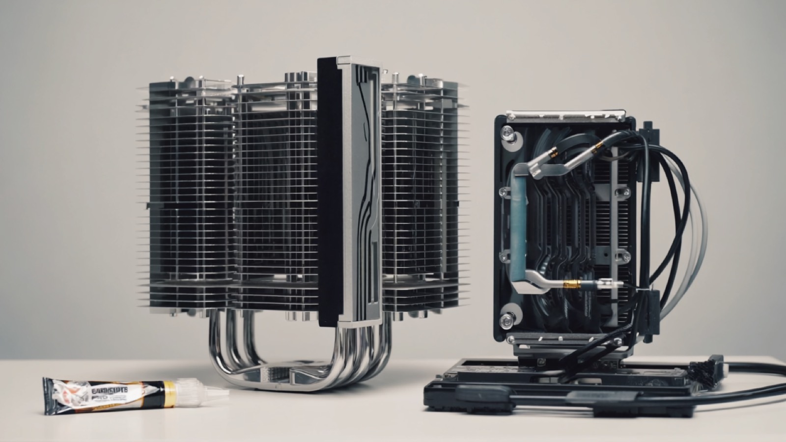 Makroaufnahme auf einer Werkbank: ein großer Tower-Luftkühler neben einer All-in-One-Wasserkühlung mit Radiator und Schläuchen, daneben eine Tube Wärmeleitpaste