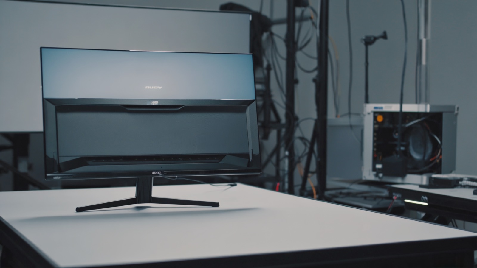 Ein Gaming-Monitor auf einer matten grauen Testbank im Dreiviertelprofil, im unscharfen Hintergrund Messgeräte eines Testlabors