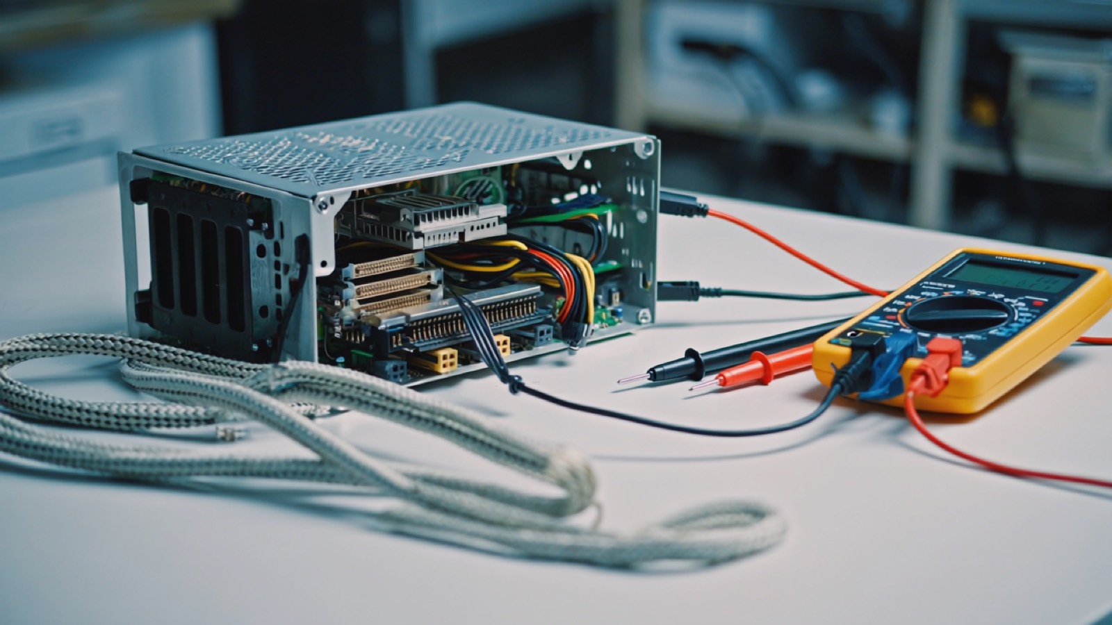 Ein geöffnetes modulares PC-Netzteil auf einem Labortisch neben einem digitalen Multimeter mit Messspitzen und ordentlich aufgerollten Kabeln